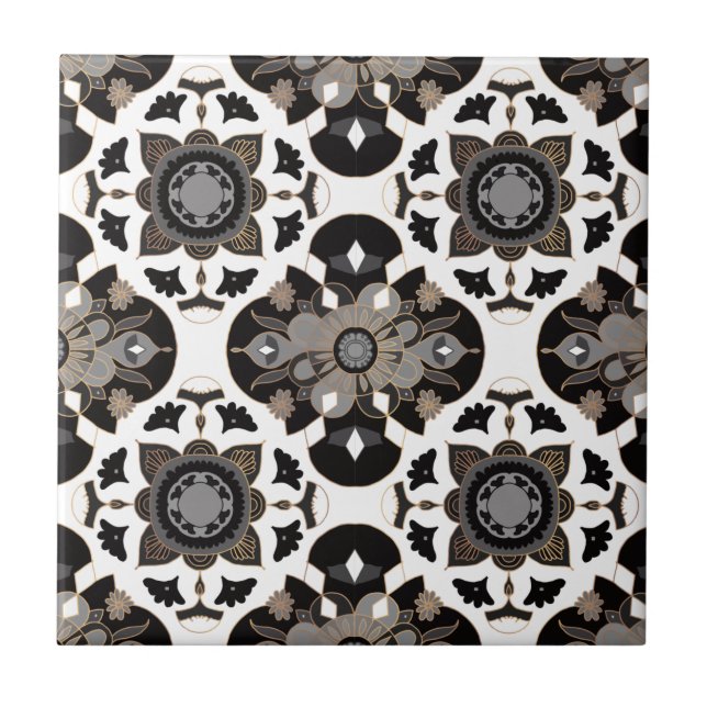 Floral Mandala Taupe Grey Black Ceramic Tile (Front)