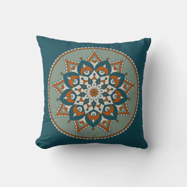 Floral Mandala, Teal, Olive and Rust Cushion (Front)