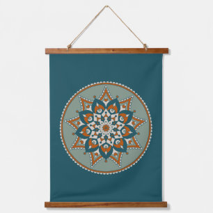 Floral Mandala, Teal, Olive, Rust, Cream Hanging Tapestry