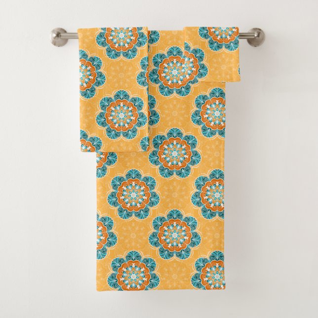 Floral Mandala Tile in Orange & Teal Bath Towel Set (Insitu)