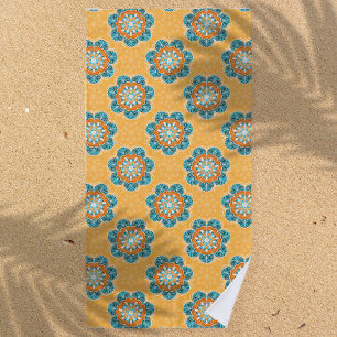 Floral Mandala Tile in Orange & Teal Beach Towel