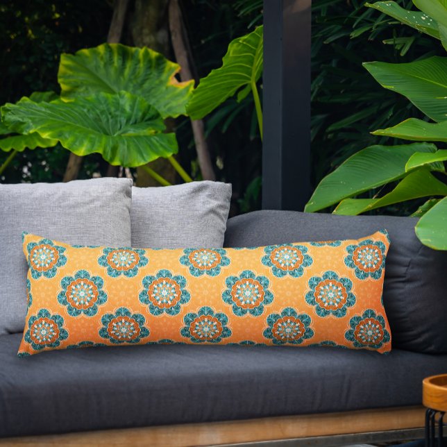 Floral Mandala Tile in Orange & Teal Body Cushion (Yellow Mandala Pattern Body Pillow)