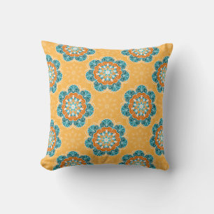 Floral Mandala Tile in Orange & Teal Cushion