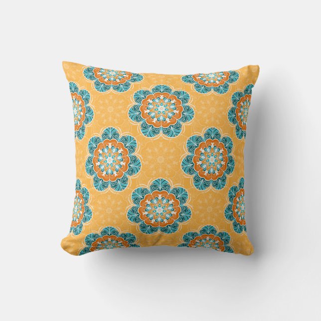 Floral Mandala Tile in Orange & Teal Cushion (Front)