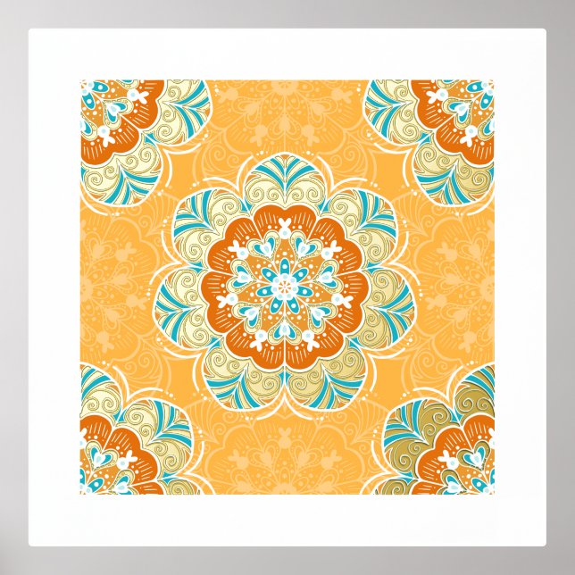 Floral Mandala Tile in Orange & Teal Foil Prints (Front)
