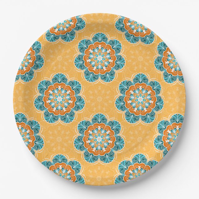 Floral Mandala Tile in Orange & Teal Paper Plate (Front)