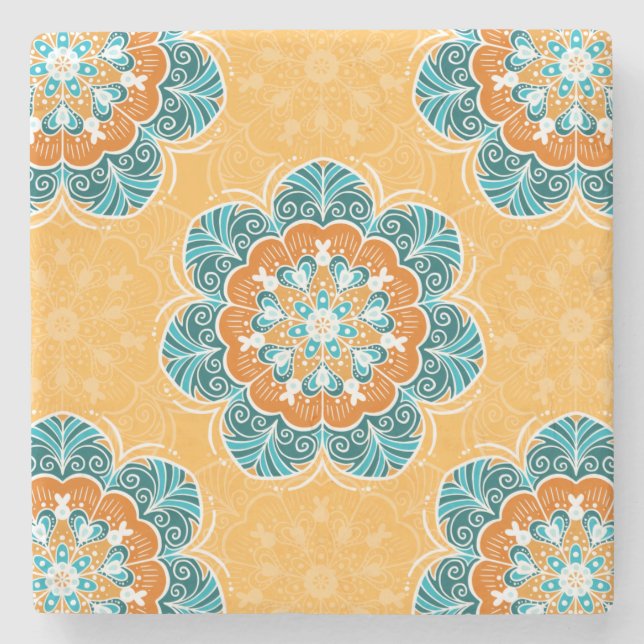 Floral Mandala Tile in Orange & Teal Stone Coaster (Front)