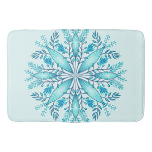 Floral Mandala - Turquoise Blue Boho Snowflake Bath Mat