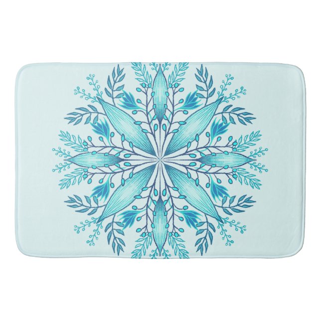 Floral Mandala - Turquoise Blue Boho Snowflake Bath Mat (Front)