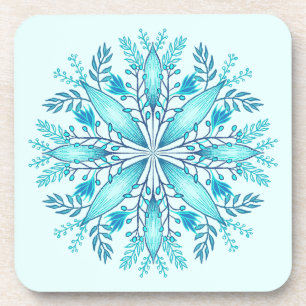 Floral Mandala - Turquoise Blue Boho Snowflake Coaster