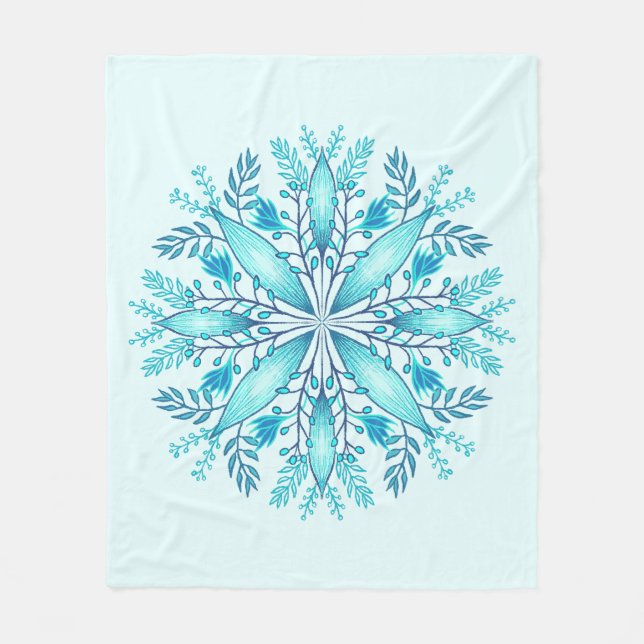 Floral Mandala - Turquoise Blue Boho Snowflake Fleece Blanket (Front)