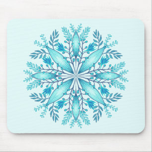 Floral Mandala - Turquoise Blue Boho Snowflake Mouse Pad