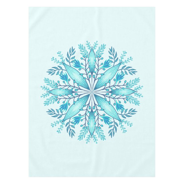Floral Mandala - Turquoise Blue Boho Snowflake Tablecloth (Front)
