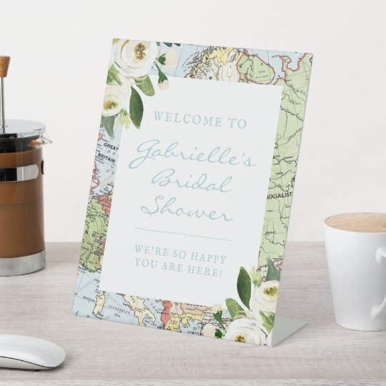 Floral Map Travel Theme Bridal Shower Welcome Pedestal Sign