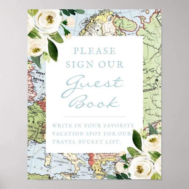 Floral Map Travel Theme Guest Book Sign (Front)