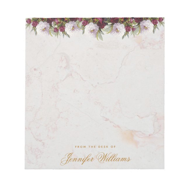 Floral Marble Burgundy Peonies Golden Script Girly Notepad (Front)