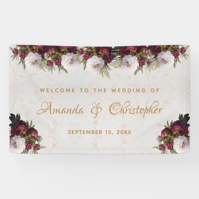 Floral Marble Burgundy White Peony Wedding Welcome Banner (Horizontal)