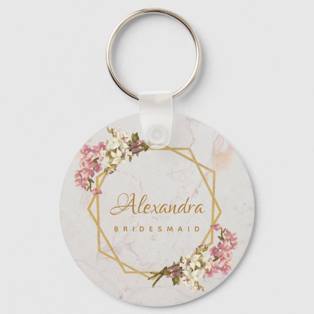 Floral Marble Gold Orchids Geometric Bridesmaid Key Ring (Front)