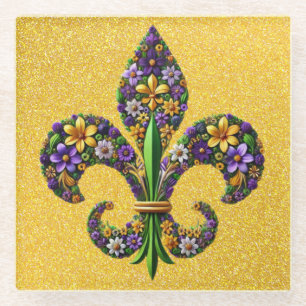 Floral Mardi Gras fleur de lis Glass Coaster