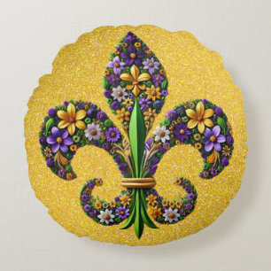 Floral Mardi Gras fleur de lis Round Cushion