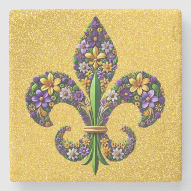 Floral Mardi Gras fleur de lis Stone Coaster (Front)