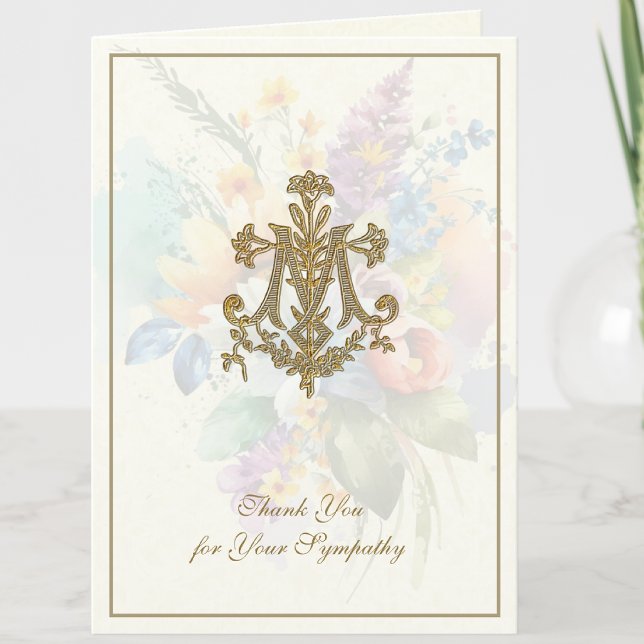 Floral Marian Cross Catholic Funeral Condolence Thank You Card (Traditional Catholic Funeral Memorial Thank You  Card)