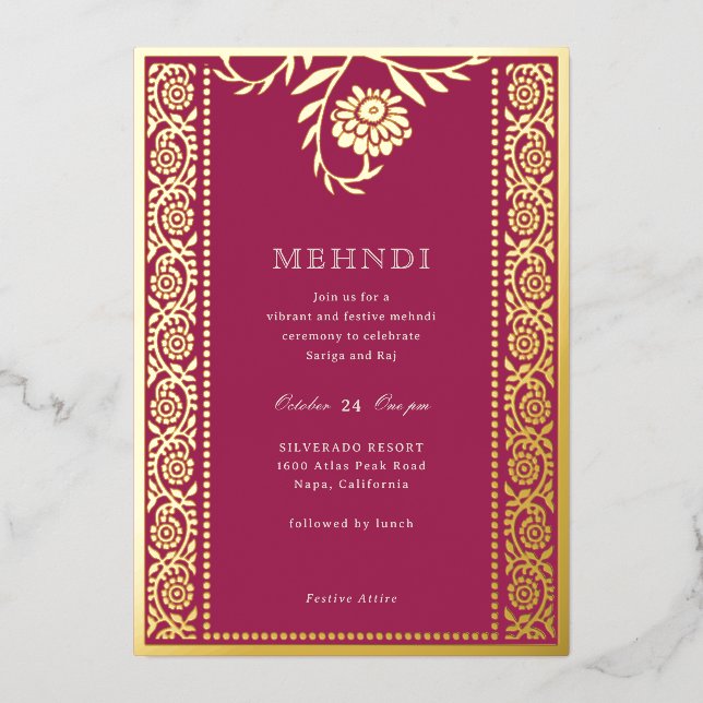 Floral Marigold Gold Mehndi Invitation (Front)