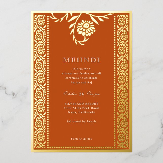 Floral Marigold Gold Mehndi Invitation (Front)