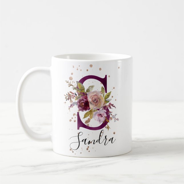 Floral Maroon Blush Add Name Letter S Monogram Coffee Mug (Left)