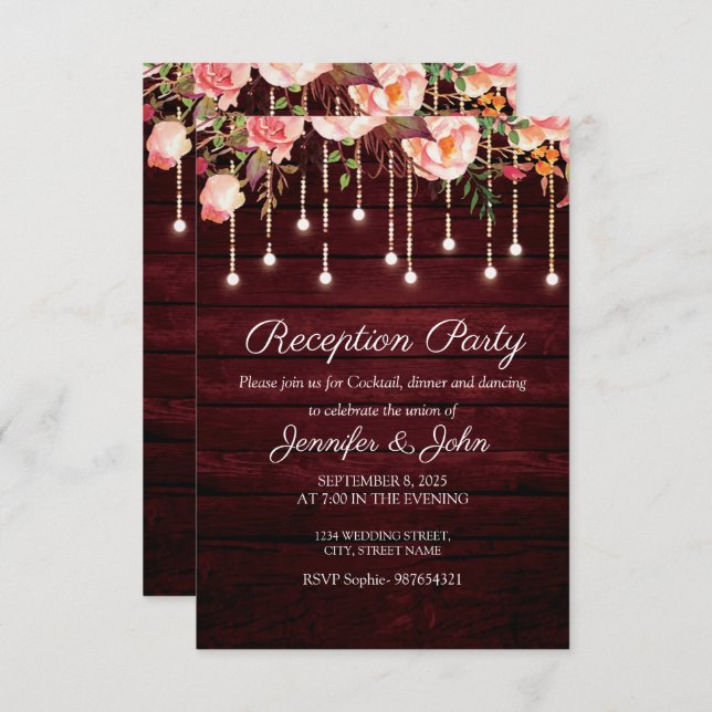 Floral Maroon Wood Rustic Wedding Reception Party Invitation (Front/Back)