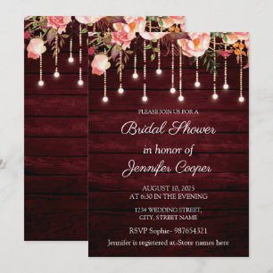 Floral Maroon Wooden Rustic Bridal Shower Invitation