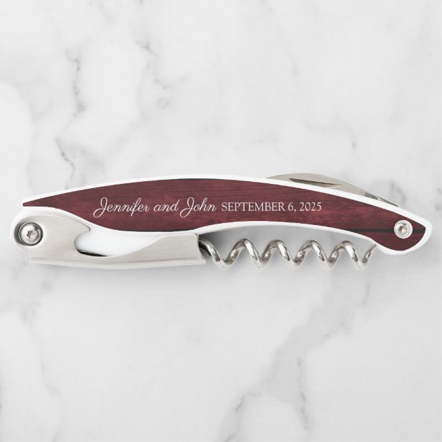Floral Maroon Wooden Rustic Wedding Favours Corkscrew (Front)
