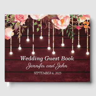 Floral Maroon Wooden Rustic Wedding Guest Book