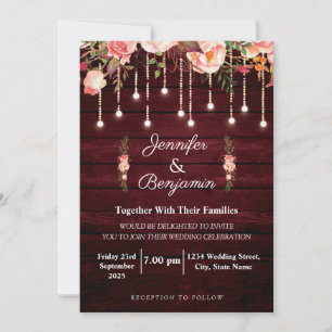 Floral Maroon Wooden Rustic Wedding Invitation