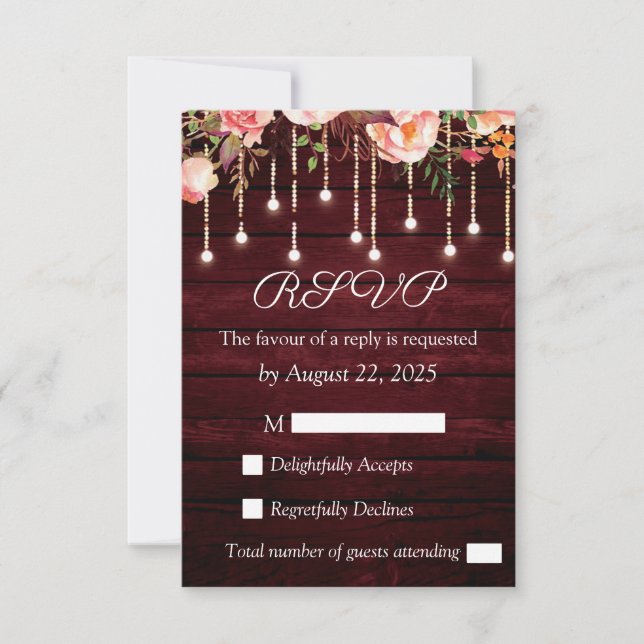 Floral Maroon Wooden Rustic Wedding RSVP Card (Front)