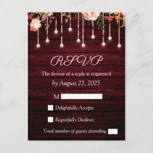 Floral Maroon Wooden Rustic Wedding RSVP Postcard