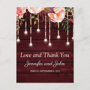 Floral Maroon Wooden Rustic Wedding Thank You Postcard