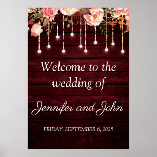 Floral Maroon Wooden Rustic Wedding Welcome Poster
