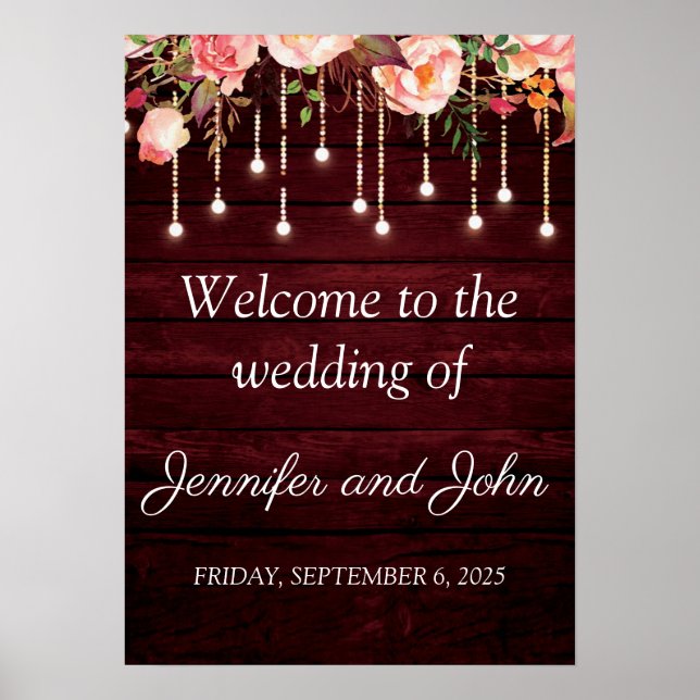 Floral Maroon Wooden Rustic Wedding Welcome Poster (Front)