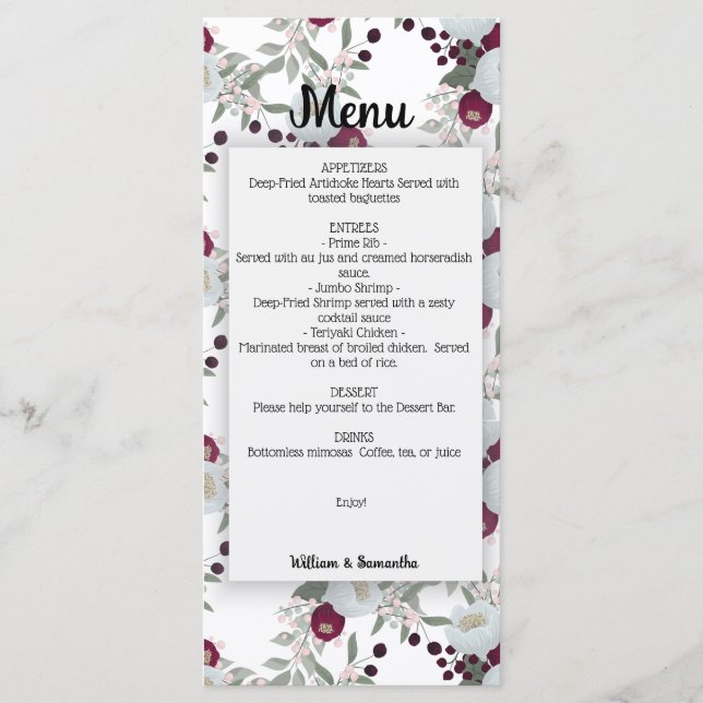 Floral Marsala Wedding Bridal Shower Menu (Front)