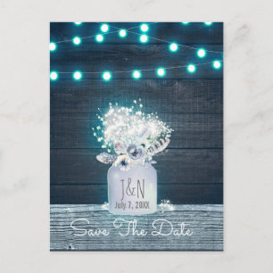 Floral Mason Jar Blue Lights Rustic Save The Date Announcement Postcard