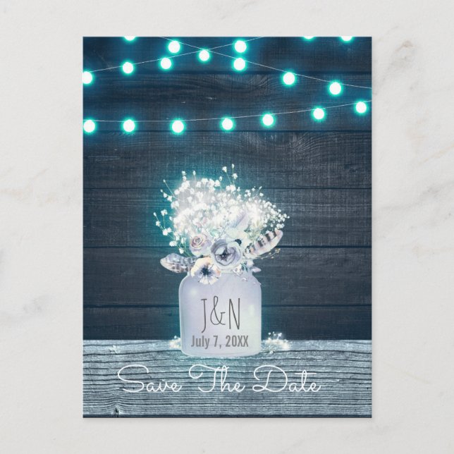 Floral Mason Jar Blue Lights Rustic Save The Date Announcement Postcard (Front)