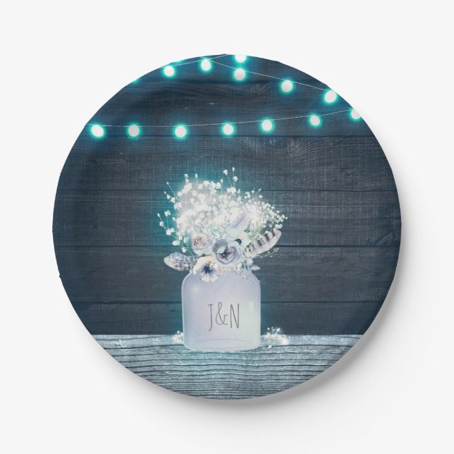 Floral Mason Jar & Blue Lights Rustic Wedding Paper Plate (Front)