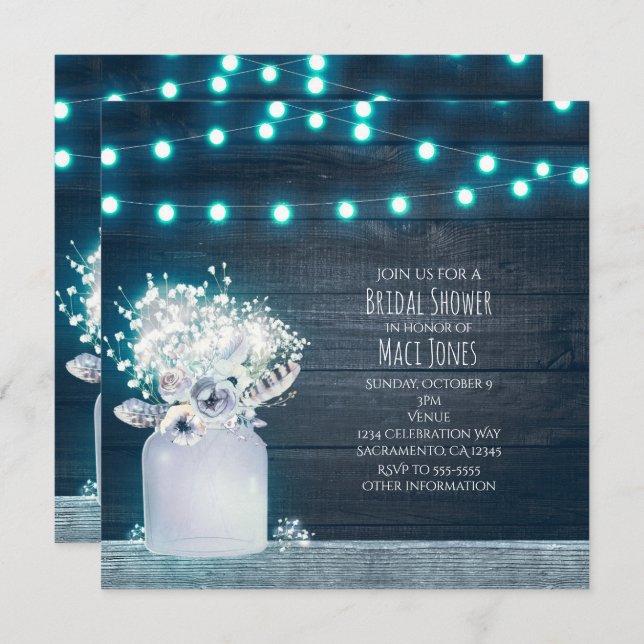 Floral Mason Jar Blue Lights Rustic Winter Bridal Invitation (Front/Back)