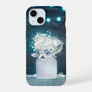 Floral Mason Jar & Blue String Lights Rustic iPhone 15 Case