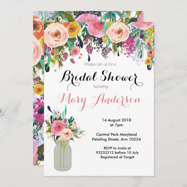 Floral Mason Jar Bridal Shower Invitations (Front/Back)
