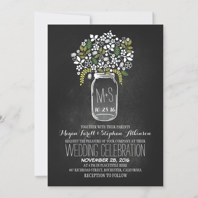 floral mason jar chalkboard wedding invitations (Front)