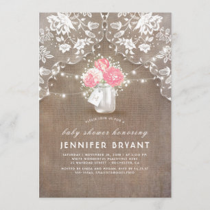 Floral Mason Jar Lace and Burlap Baby Shower Invitation
