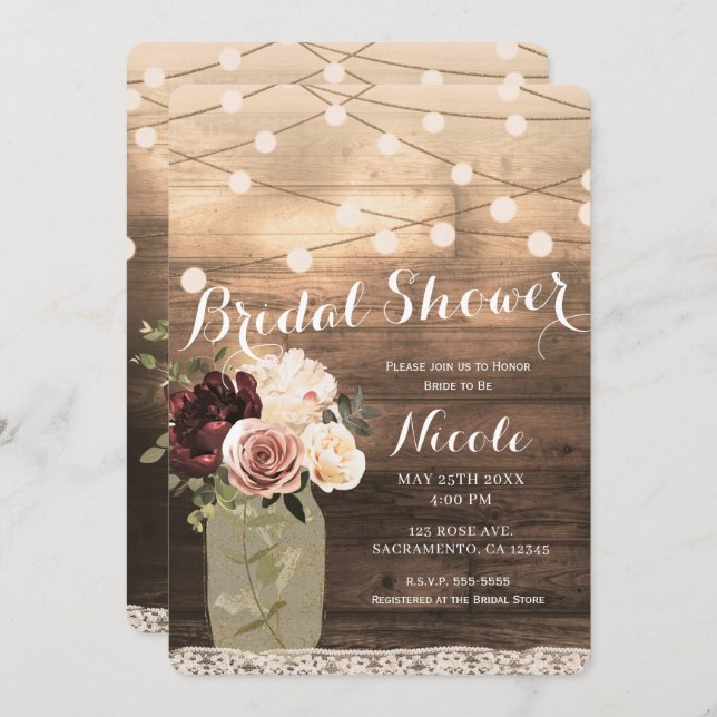 Floral Mason Jar & Lights Rustic Country Bridal Invitation (Front/Back)