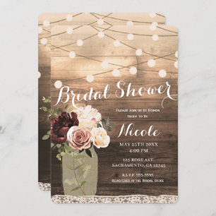 Floral Mason Jar & Lights Rustic Country Bridal Invitation